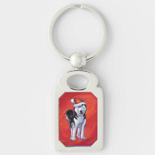 Husky in Santa Hat On Red Key Ring