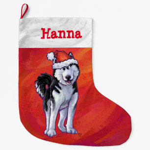 Husky in Santa Hat On Red Large Christmas Stocking