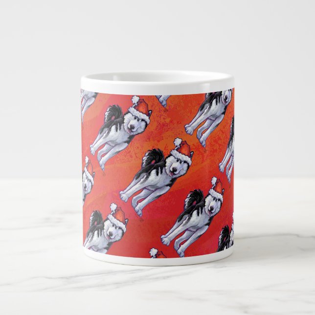 Husky in Santa Hat On Red Large Coffee Mug (Front)