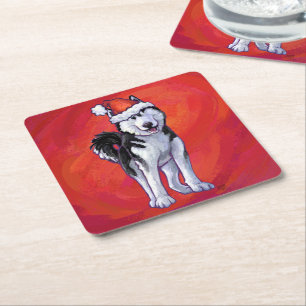 Husky in Santa Hat On Red Square Paper Coaster