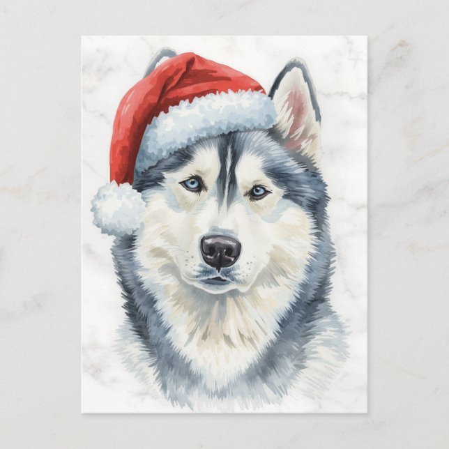 Husky in Santa Hat Watercolor Xmas Holiday Postcard (Front)