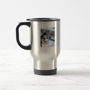 Husky in Snow Travel Mug