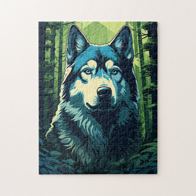 Husky in the green lush forest jigsaw puzzle (Vertical)