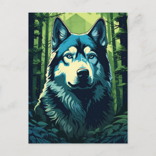 Husky in the green lush forest postcard