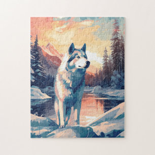 Husky in the snowy forest at a lake during sunset jigsaw puzzle