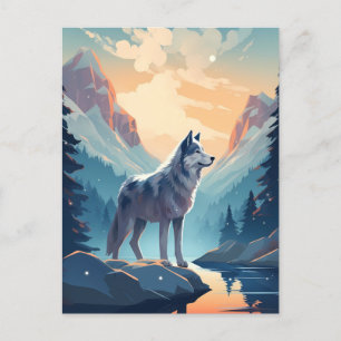 Husky in the snowy mountains during sunset postcard