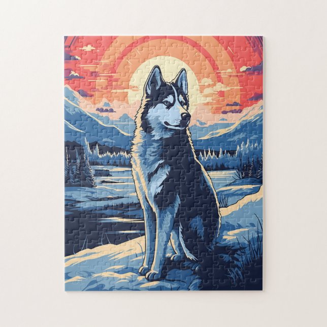 Husky in the winter forest during sunset jigsaw puzzle (Vertical)