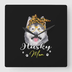 Husky Mum   Leopard Print Dog Lovers Gift Square Wall Clock