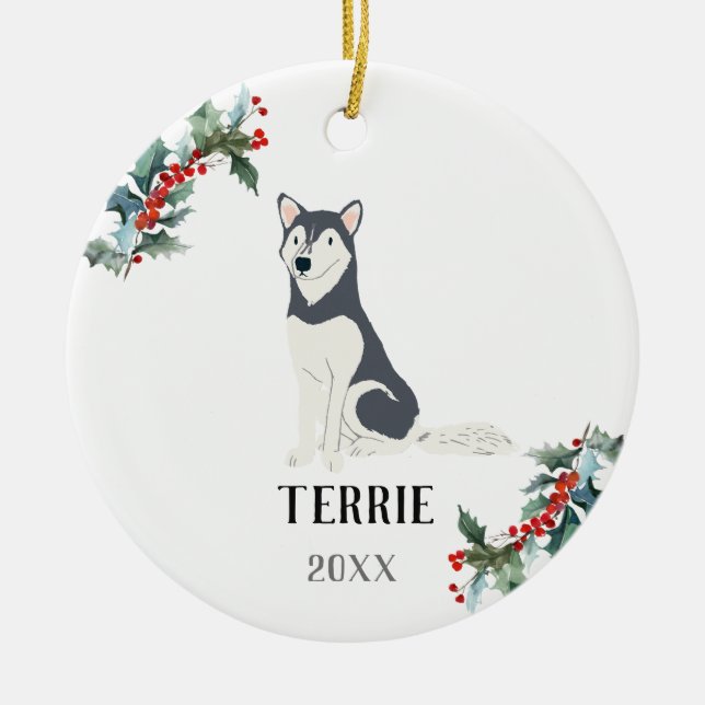 Husky Personalised Christmas Dog Ceramic Tree Decoration (Front)