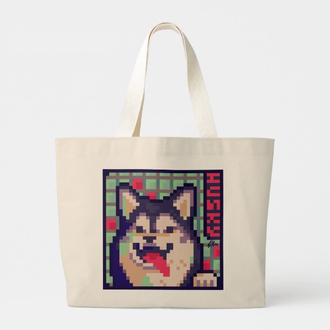 Husky, Pixel Art, pixel art Large Tote Bag (Back)
