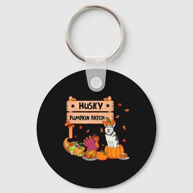Husky Pumpkin Patch Thanksgiving Dog In Pumpkin Fa Key Ring (Front)
