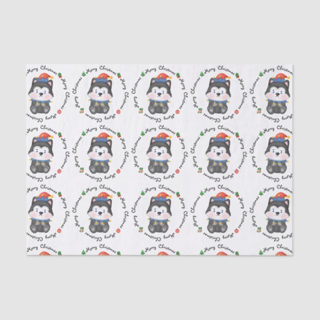 Husky Puppy Dog Cute Elf Festive Merry Christmas Tissue Paper (Front)