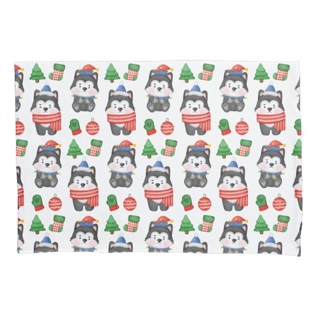 Husky Puppy Dog Santa Festive Holiday Christmas  Pillowcase (Front)