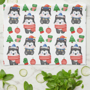 Husky Puppy Dog Santa Festive Holiday Christmas  Tea Towel