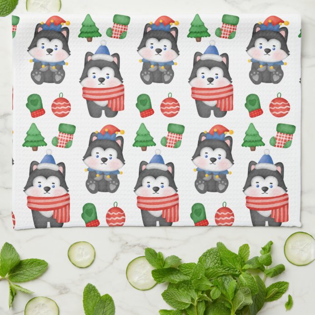 Husky Puppy Dog Santa Festive Holiday Christmas  Tea Towel (Folded)