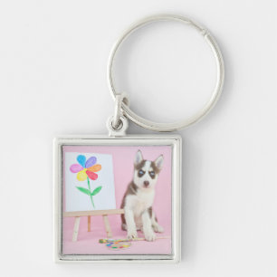 Husky Puppy Painting a Rainbow Flower Key Ring