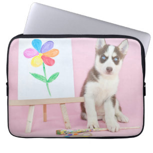 Husky Puppy Painting a Rainbow Flower Laptop Sleeve
