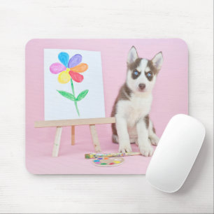 Husky Puppy Painting a Rainbow Flower Mouse Pad