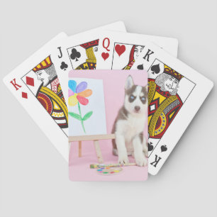 Husky Puppy Painting a Rainbow Flower Playing Cards