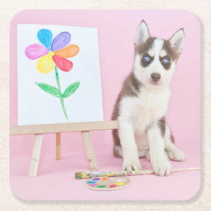 Husky Puppy Painting a Rainbow Flower Square Paper Coaster