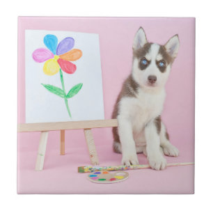 Husky Puppy Painting a Rainbow Flower Tile
