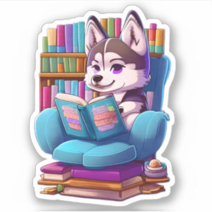 Husky puppy reading a book