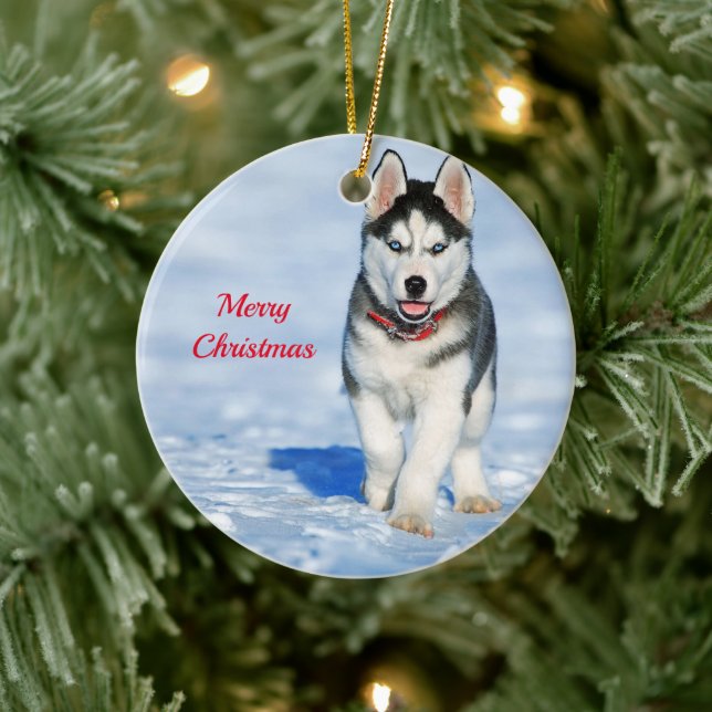 Husky Puppy Snow Photo Christmas Ceramic Tree Decoration (Tree)