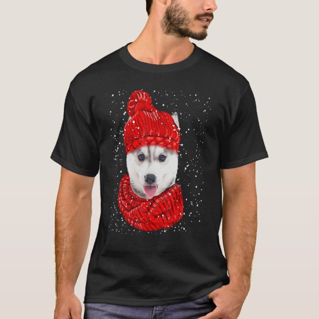 Husky Red Winter Hat Christmas Scarf Dog T-Shirt (Front)