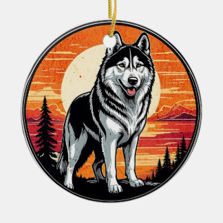 Husky Retro Sunset Dog Lover Ceramic Tree Decoration