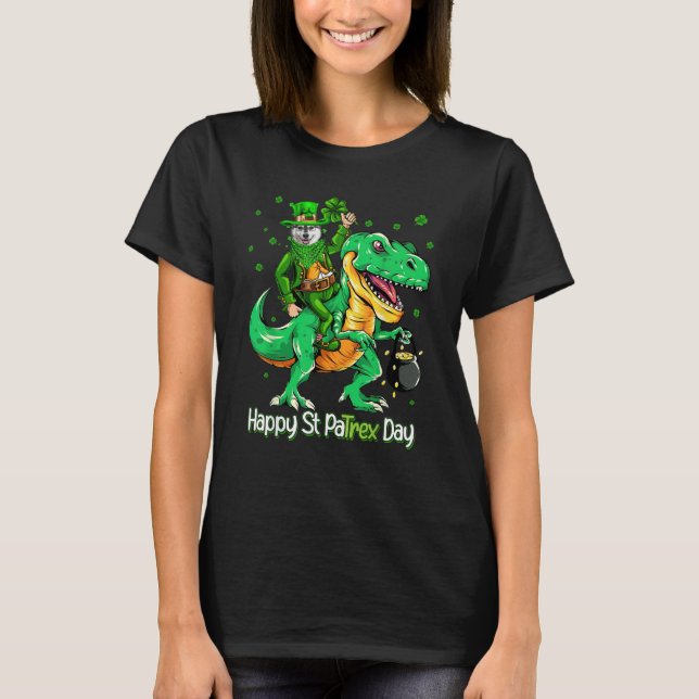 Husky Riding Dinosaur Patricks Day Shamrock T-Shirt (Front)