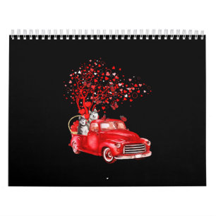 Husky Riding Red Truck  Valentine Butterfly Heart Calendar