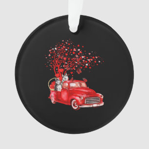 Husky Riding Red Truck Valentine Butterfly Heart Ornament