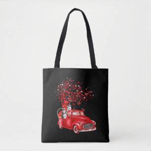 Husky Riding Red Truck Valentine Butterfly Heart Tote Bag