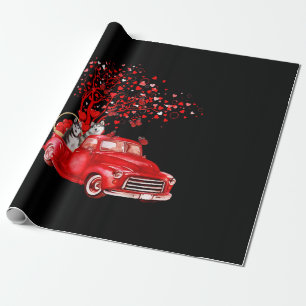 Husky Riding Red Truck Valentine Butterfly Heart Wrapping Paper