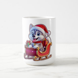 Husky Riding Santa’s Sleigh – Cute 3D Christmas Ca Coffee Mug