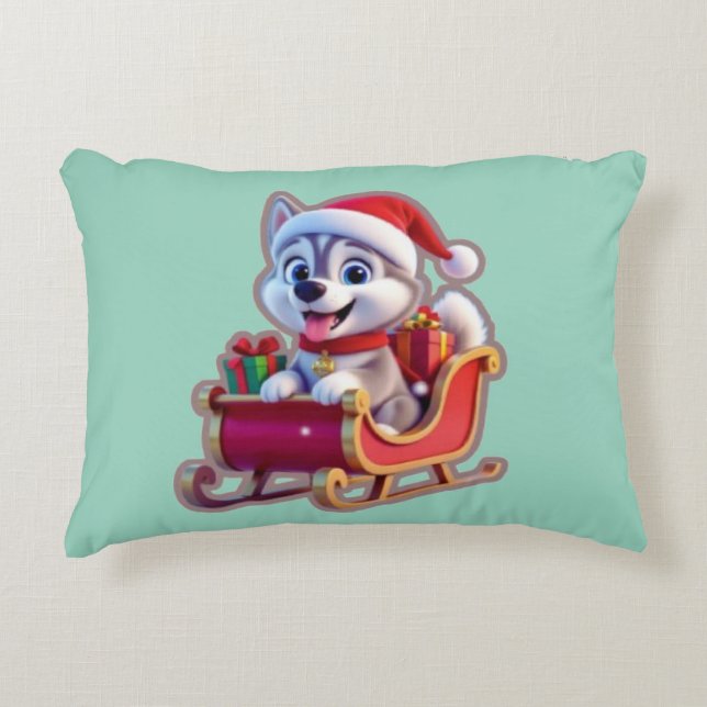 Husky Riding Santa’s Sleigh – Cute 3D Christmas Ca Decorative Cushion (Front)