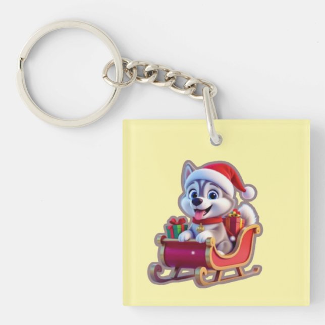 Husky Riding Santa’s Sleigh – Cute 3D Christmas Ca Key Ring (Front)