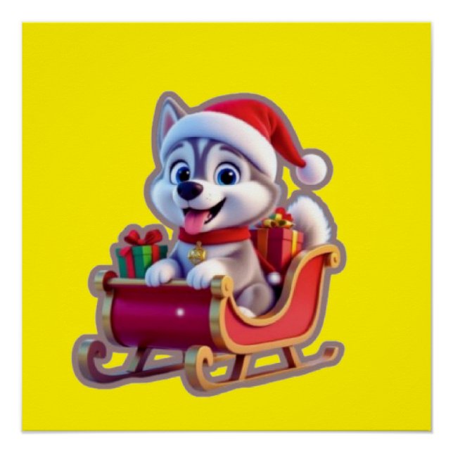 Husky Riding Santa’s Sleigh – Cute 3D Christmas Ca Poster (Front)