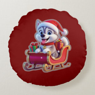Husky Riding Santa’s Sleigh – Cute 3D Christmas Ca Round Cushion