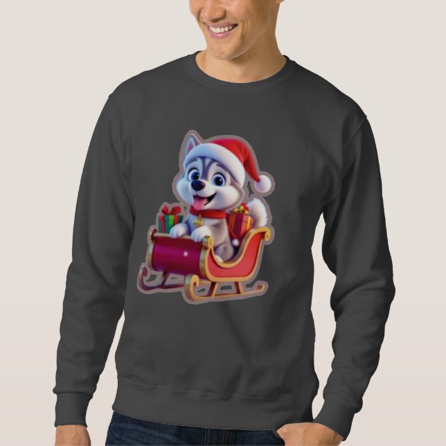 Husky Riding Santa’s Sleigh – Cute 3D Christmas Ca Sweatshirt (Front)