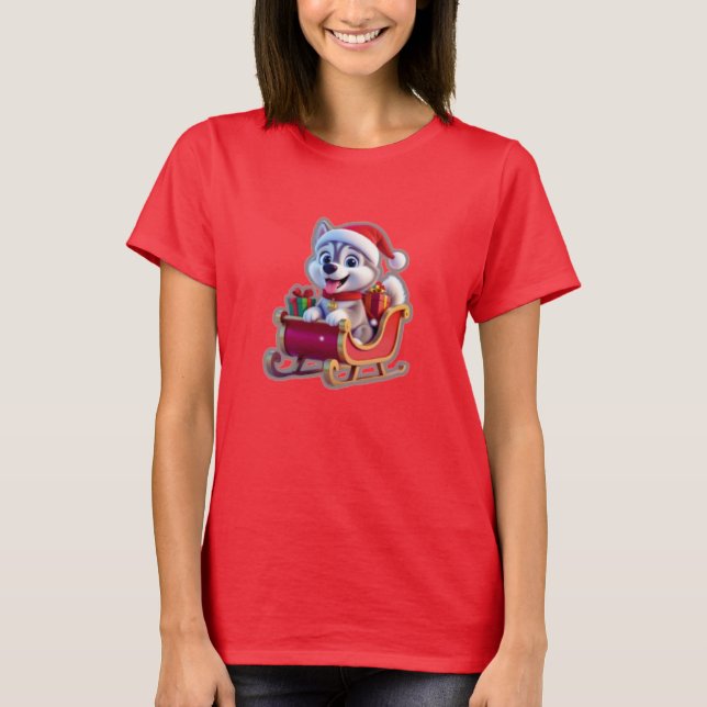 Husky Riding Santa’s Sleigh – Cute 3D Christmas Ca T-Shirt (Front)