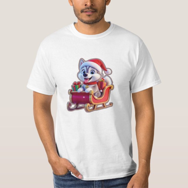 Husky Riding Santa’s Sleigh – Cute 3D Christmas Ca T-Shirt (Front)