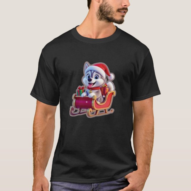 Husky Riding Santa’s Sleigh – Cute 3D Christmas Ca T-Shirt (Front)