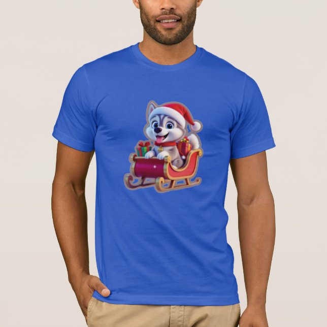 Husky Riding Santa’s Sleigh – Cute 3D Christmas Ca T-Shirt (Front)