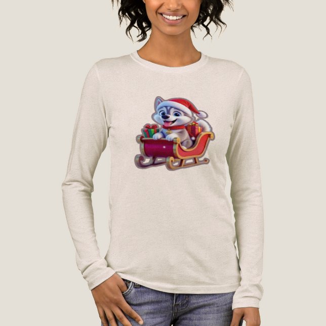 Husky Riding Santa’s Sleigh – Cute 3D Christmas Ca Tri-Blend Shirt (Front)
