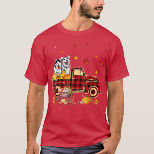 Husky Riding Truck Pumpkin Autumn Leaves Fall T-Shirt