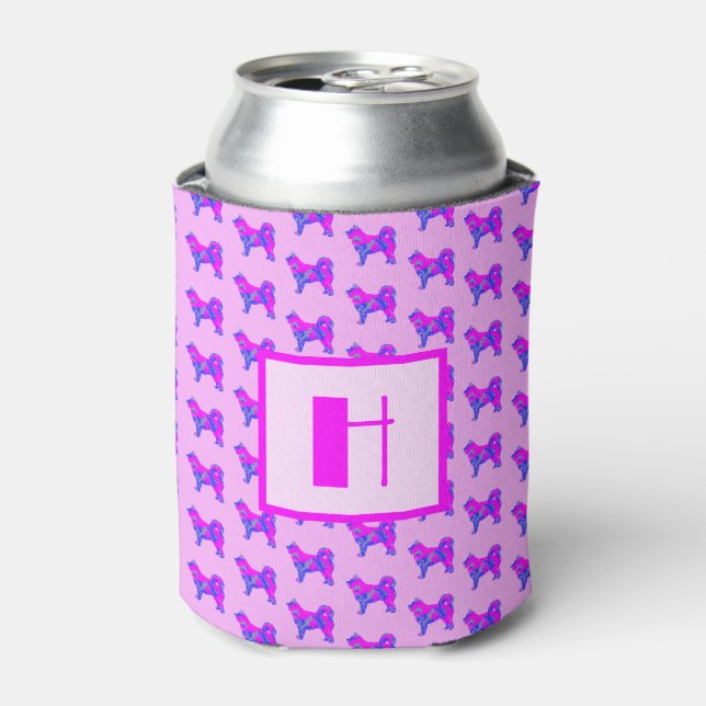 Husky Siberian Dog Hot Pink & Blue Monogram Can Cooler (Can Front)