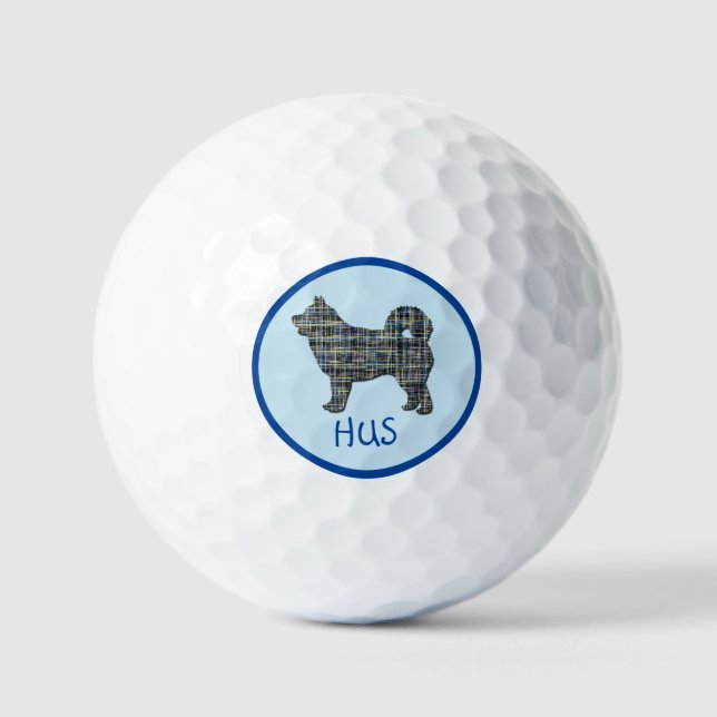 Husky Siberian Dog Silhouette Monogram Grid Blue Golf Balls (Front)