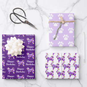 Husky Siberian Dog Silhouette Purple 3 Different Wrapping Paper Sheet