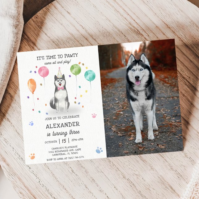 Husky Sibir Dog Pawty Puppy Birthday Pink Photo Invitation (Creator Uploaded)